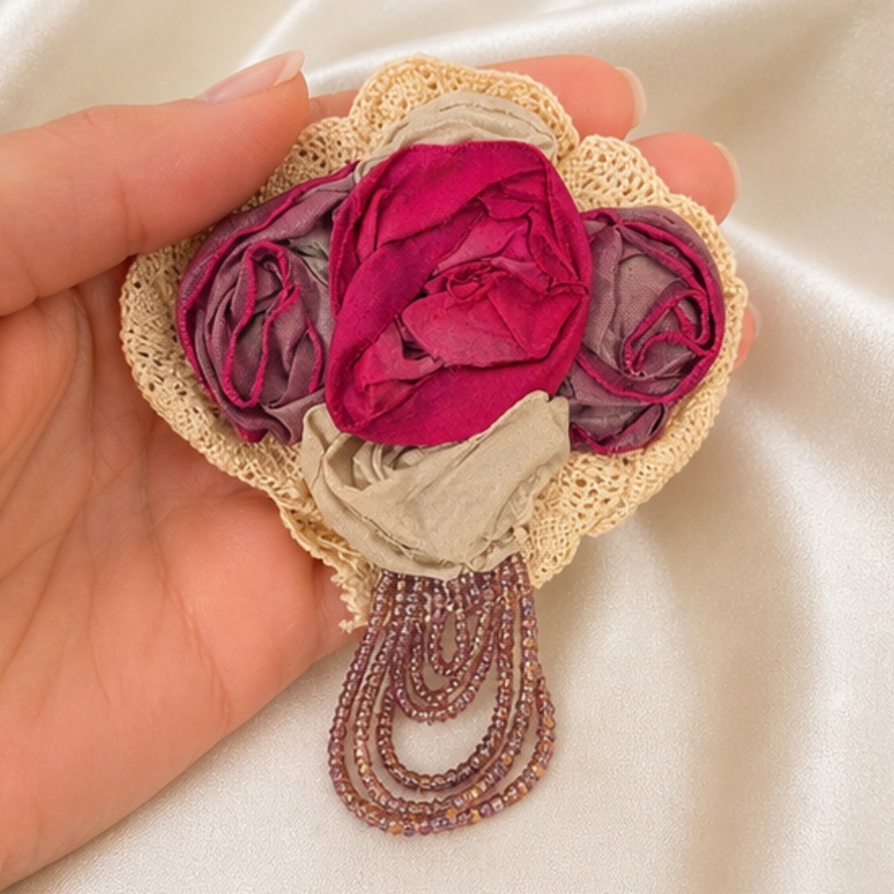 Handmade Large Fabric Rose Floral Brooch Lace Magenta Mauve Vintage Bead Swag